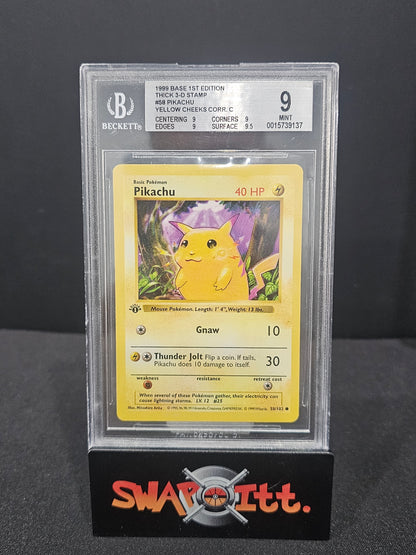 1999 base 1st edition thick 3-D stamp PIKACHU yellow cheeks error bgs 9