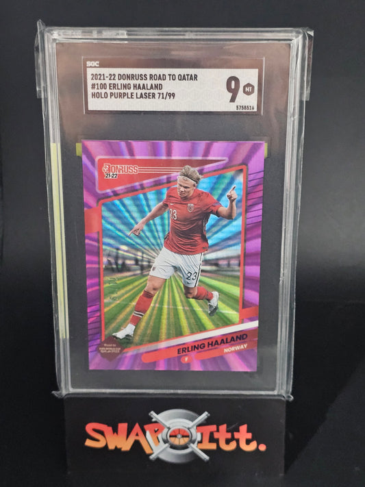 2021-22 donruss road to qatar ERLING HAALAND holo purple laser sgc 9