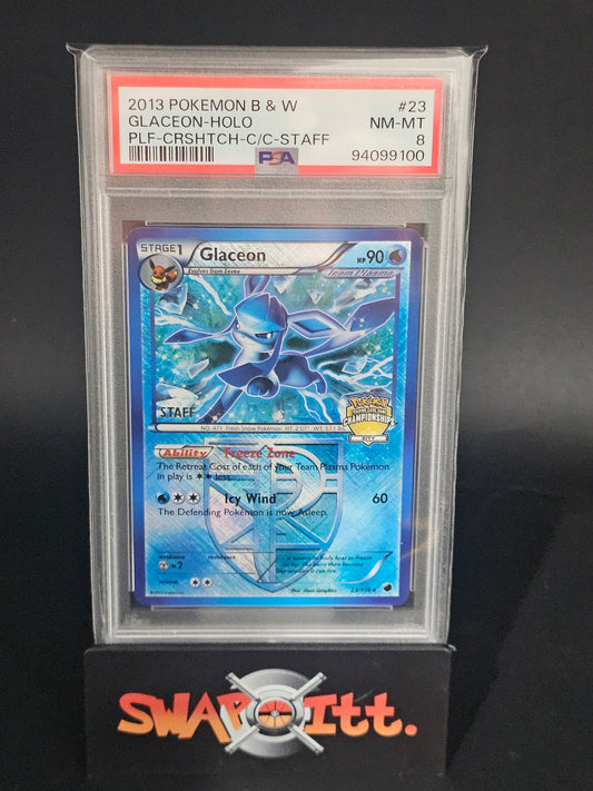 2013 pokemon b & w GLACEON-HOLO plf-crshtch-c/c-staff psa 8