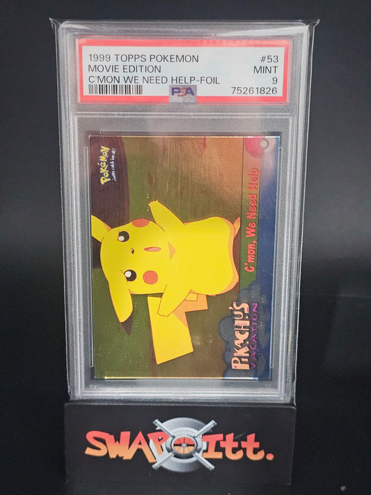 1999 topps pokemon movie edition CMON WE NEED HELP-FOIL psa 9