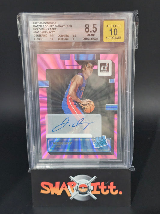 2022-23 donruss rated rookies auto JADEN IVEY hot pink laser bgs 8.5