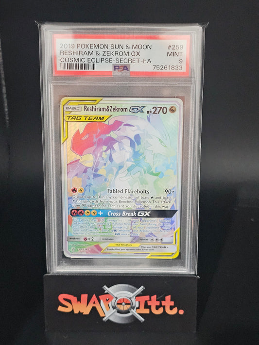 2019 pokemon sun & moon RESHIRAM & ZEKROM GX cosmic eclipse-secret-fa psa 9