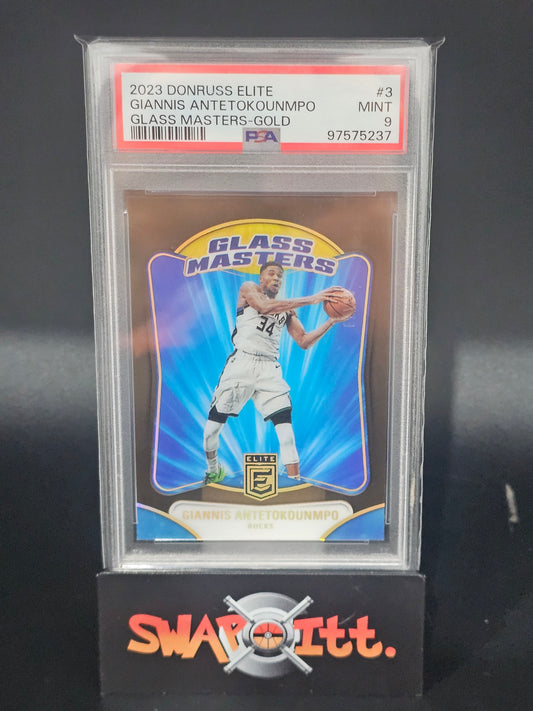 2023 donruss elite GIANNIS ANTETOKOUNMPO glass masters-gold 02/10 psa 9