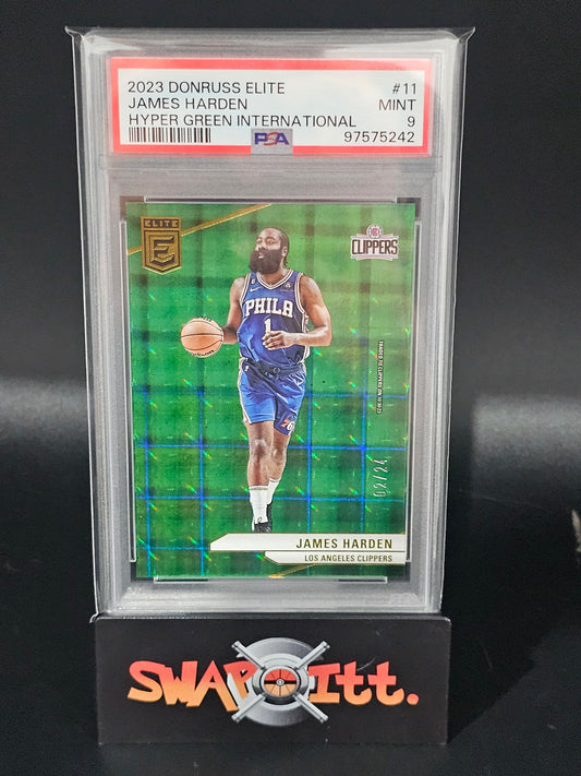 2023 donruss elite JAMES HARDEN hyper green international 02/24 psa 9