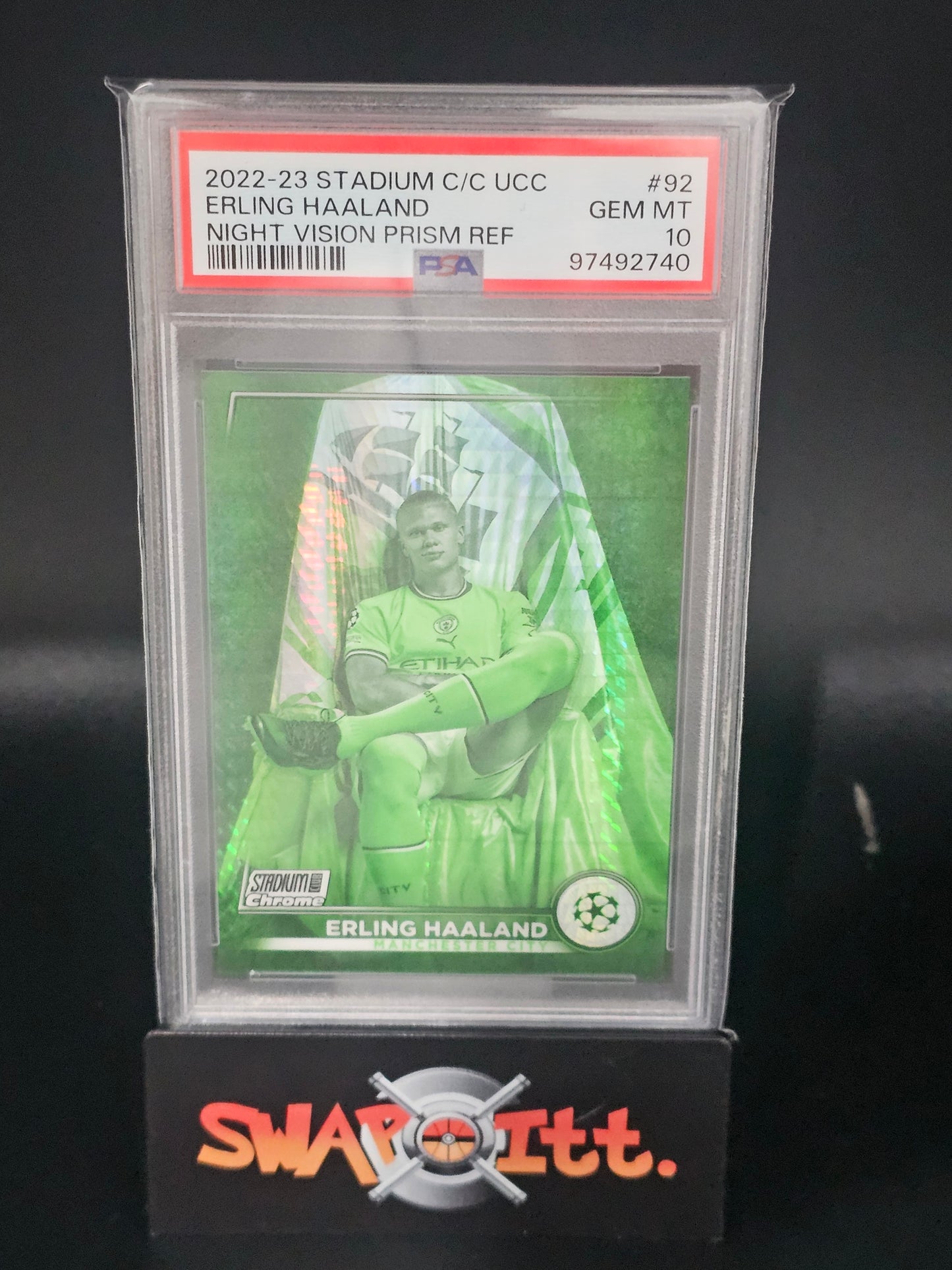 2022-23 topps stadium c/c ucc ERLING HAALAND night vision prism ref 081/199 psa psa 10