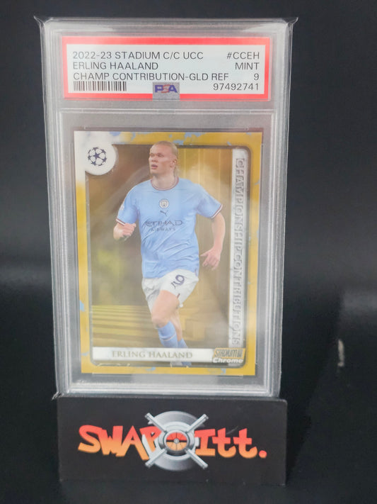 2022-23 stadium c/c ucc ERLING HAALAND champ contribution-gold refractor 27/50 psa 9