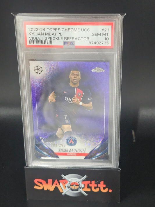 2023-24 topps chrome ucc KYLIAN MBAPPE violet speckle refractor 283/299 psa 10