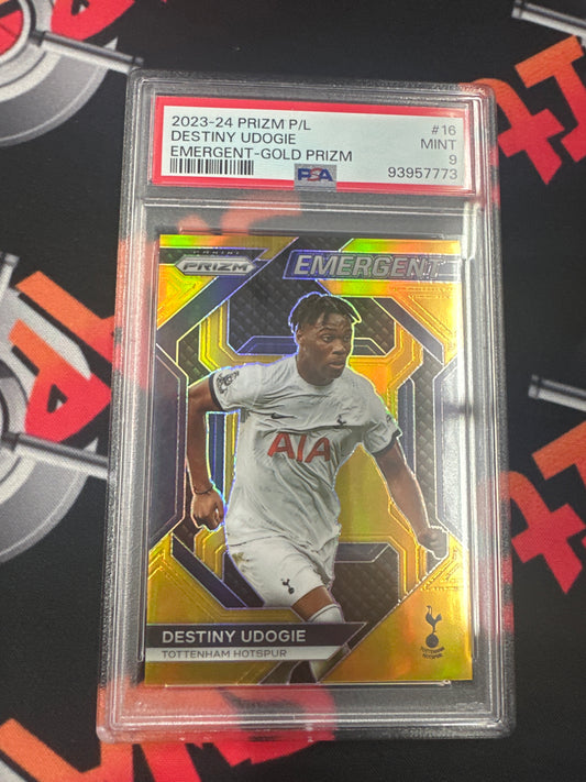 2023/24 Panini Premier League Destiny Udogie - Emergent-Gold Prizm /10 PSA 9 MINT #16