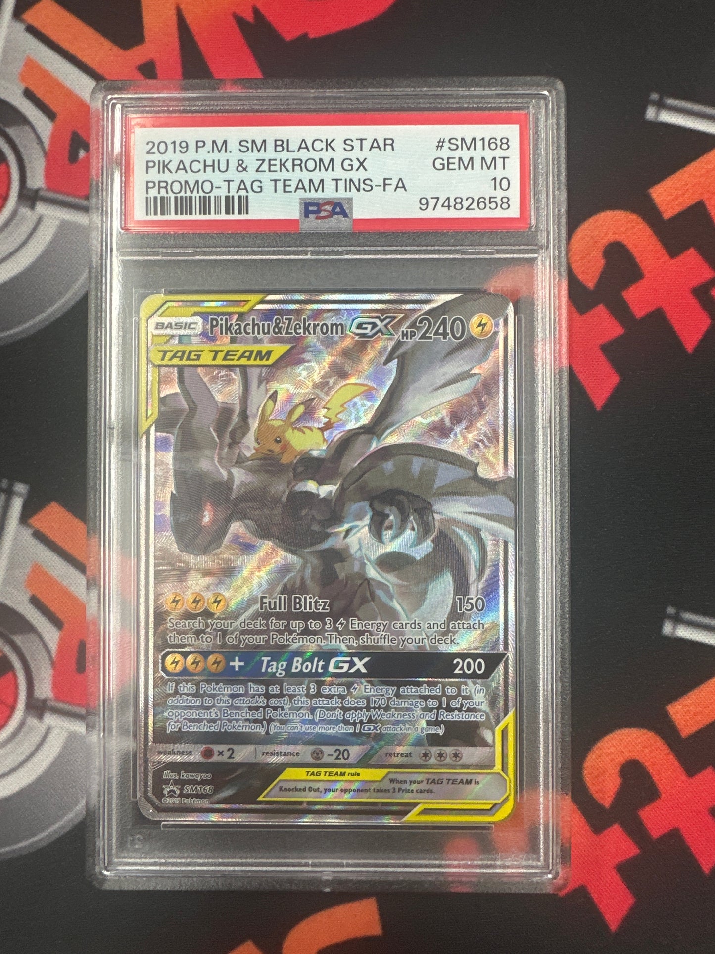 2019 Pokémon Black Star Pikachu & Zekrom GX - Promo - Tag Team Tins - FA PSA GEM MINT 10 #SM168