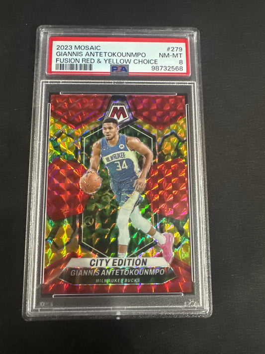 2023 Mosaic Giannis Antetokounmpo - Fusion Red & Yellow Choice /75 PSA 8 #279