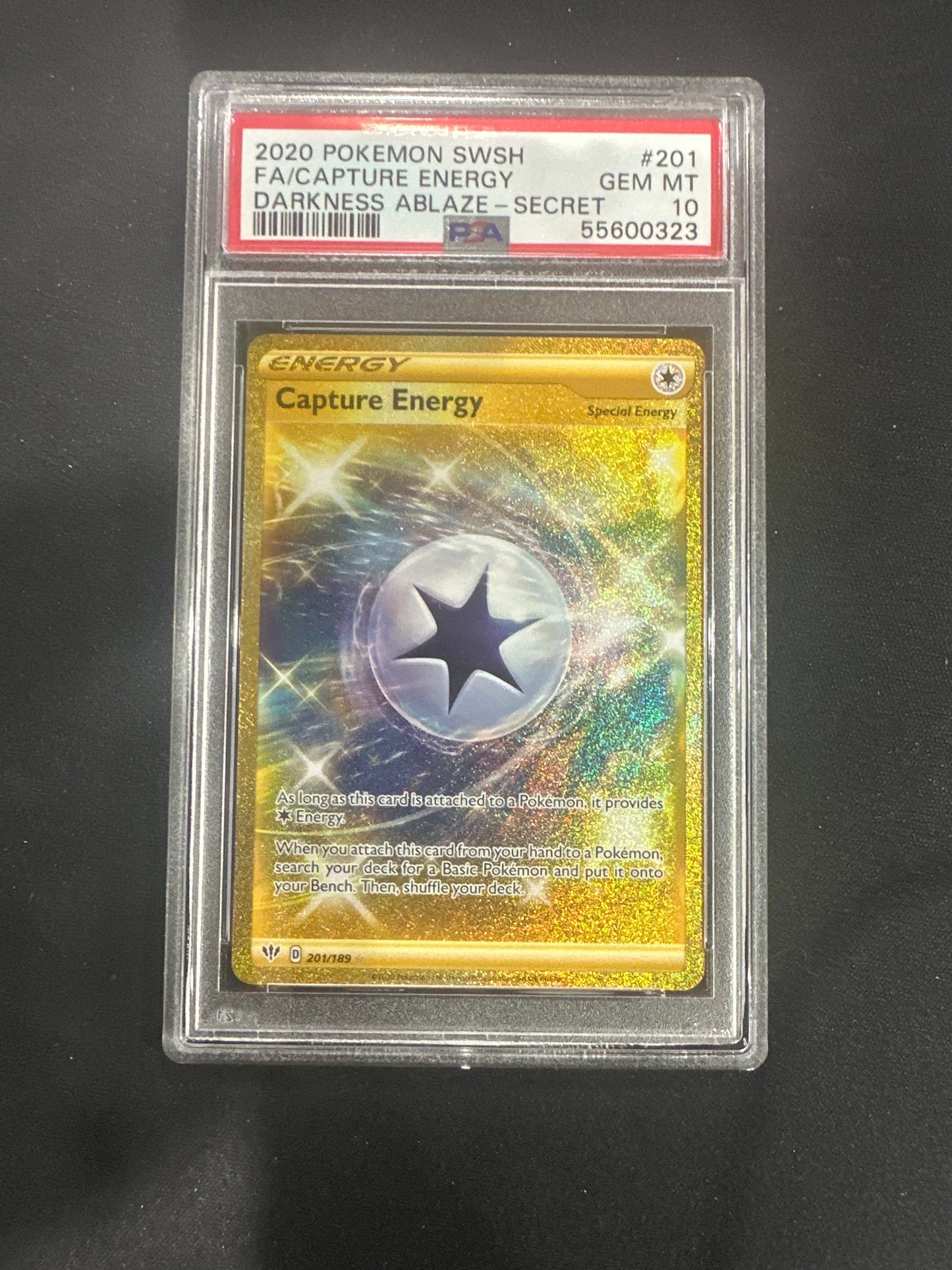 2020 Pokemon SWSH - FA/CAPTURE ENERGY - Darkess Ablaze - Secret PSA GEM MINT 10 #201