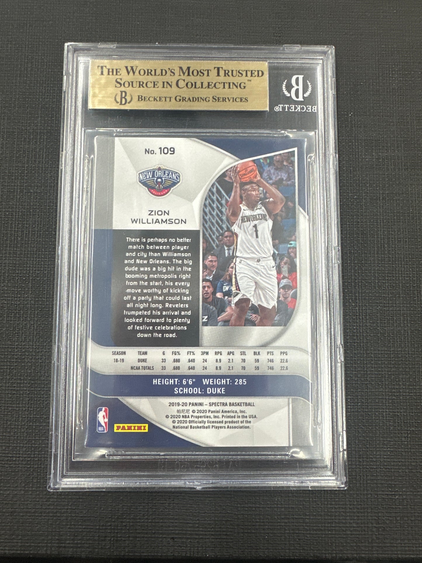 2019-20 Panini Spectra Zion Williamson - Variations RC BGS 9.5 #109