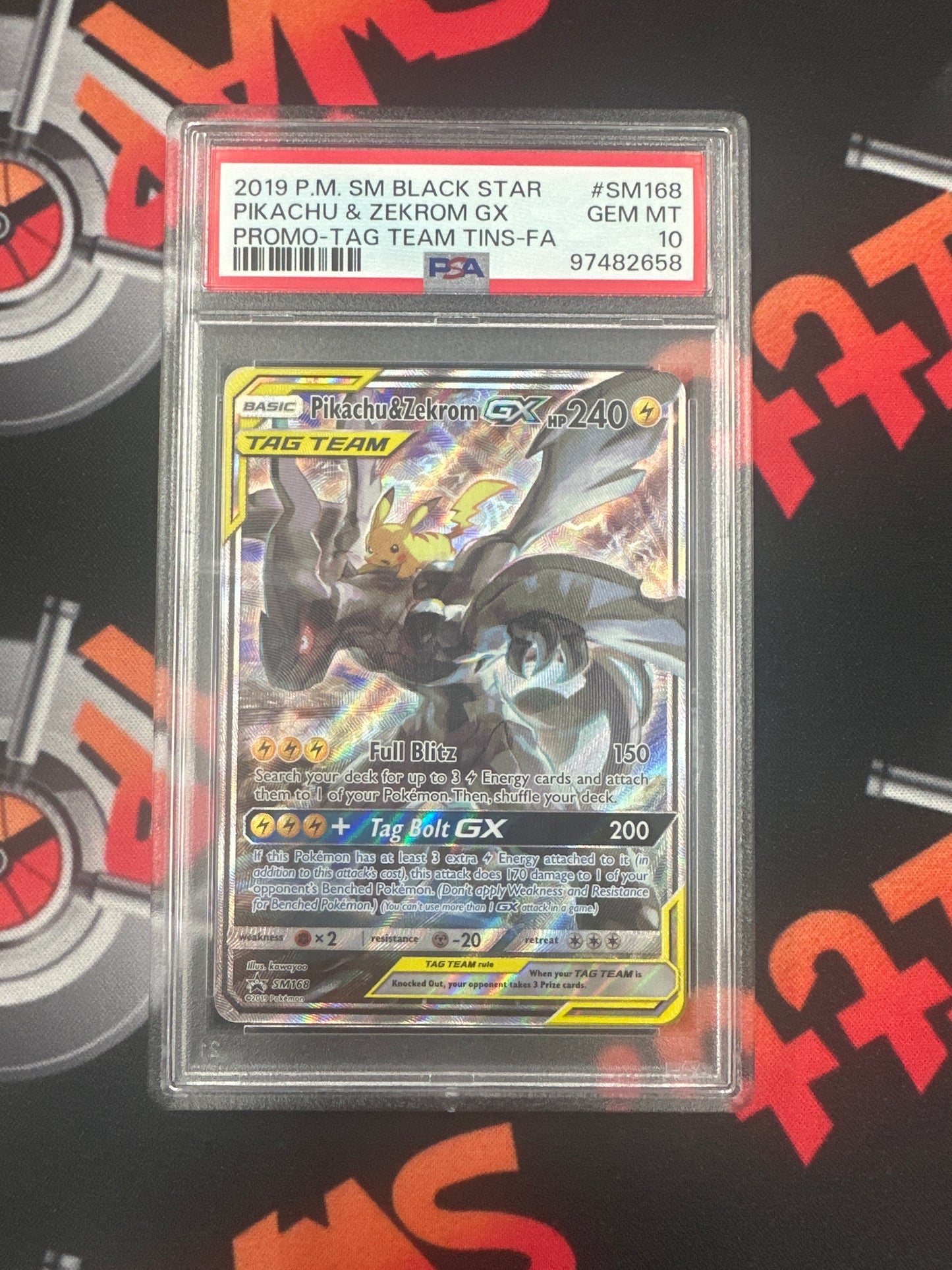 2019 Pokémon Black Star Pikachu & Zekrom GX - Promo - Tag Team Tins - FA PSA GEM MINT 10 #SM168